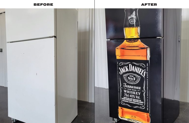 A fridge wrapped with a giant bottle of Jack Daniels, done by WrapTint LLC